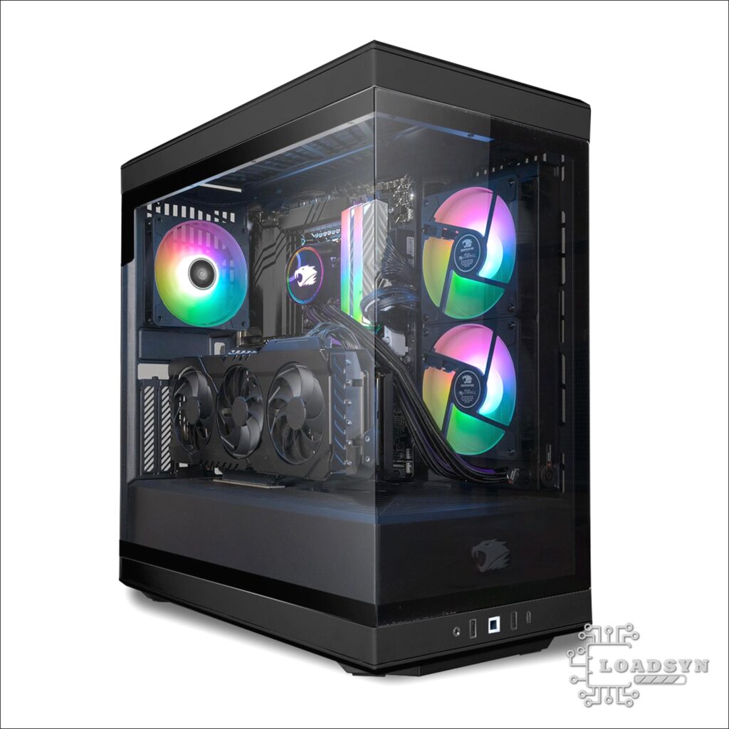 Close-up view of the vertical GPU mount and interior components of the iBuyPower Y40 Pro.