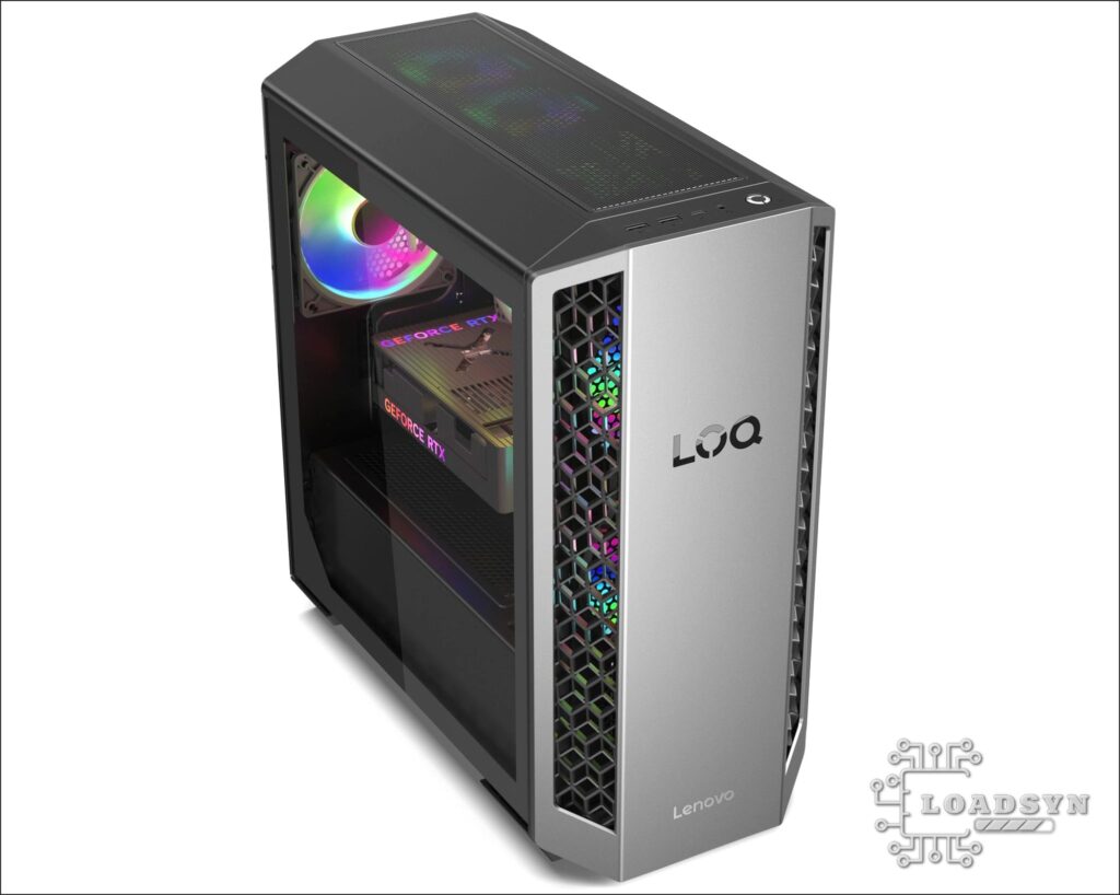 The Lenovo LOQ Tower 26ADR10 with transparent side panel and customizable ARGB