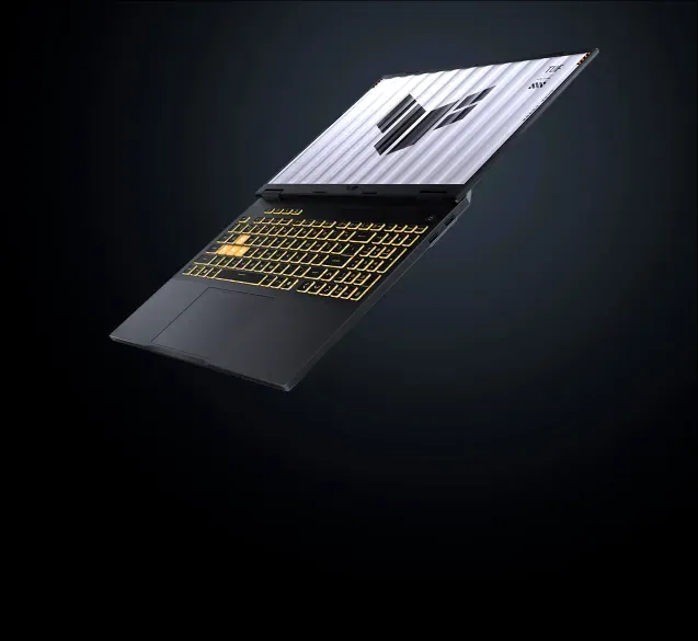TUF Gaming laptop with yellow keyboard and TUF logo screen.