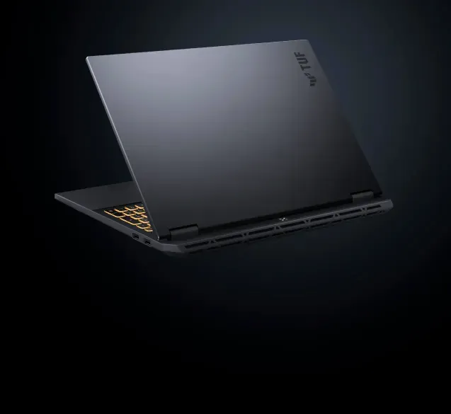 TUF Gaming laptop rear view with vents and matte black finish.