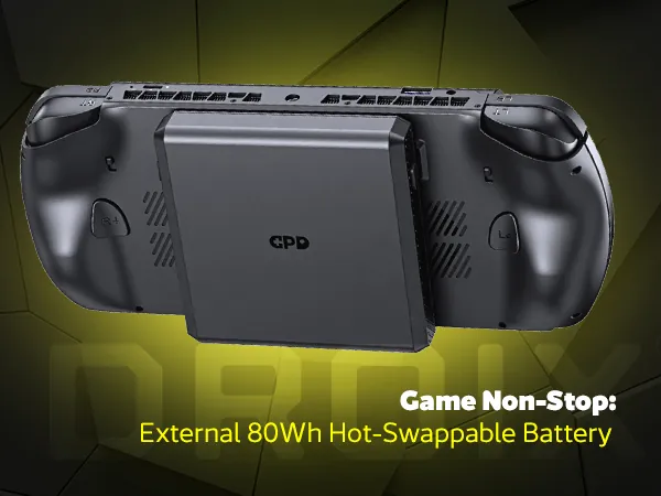 Rear view of the GPD WIN 5 showing the external battery attached.