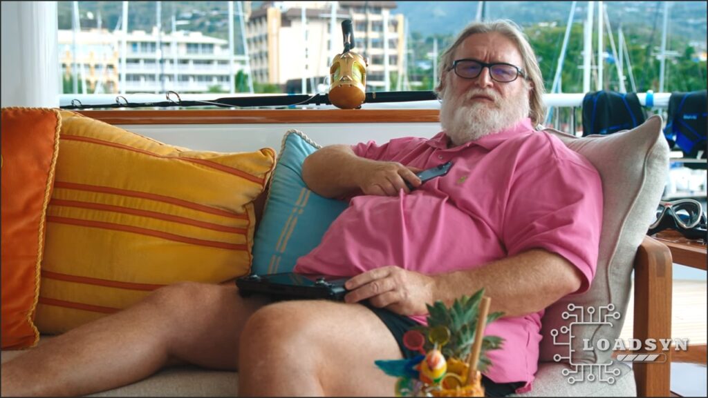 Gabe Newell in a Valve promotional video, on a yacht.
