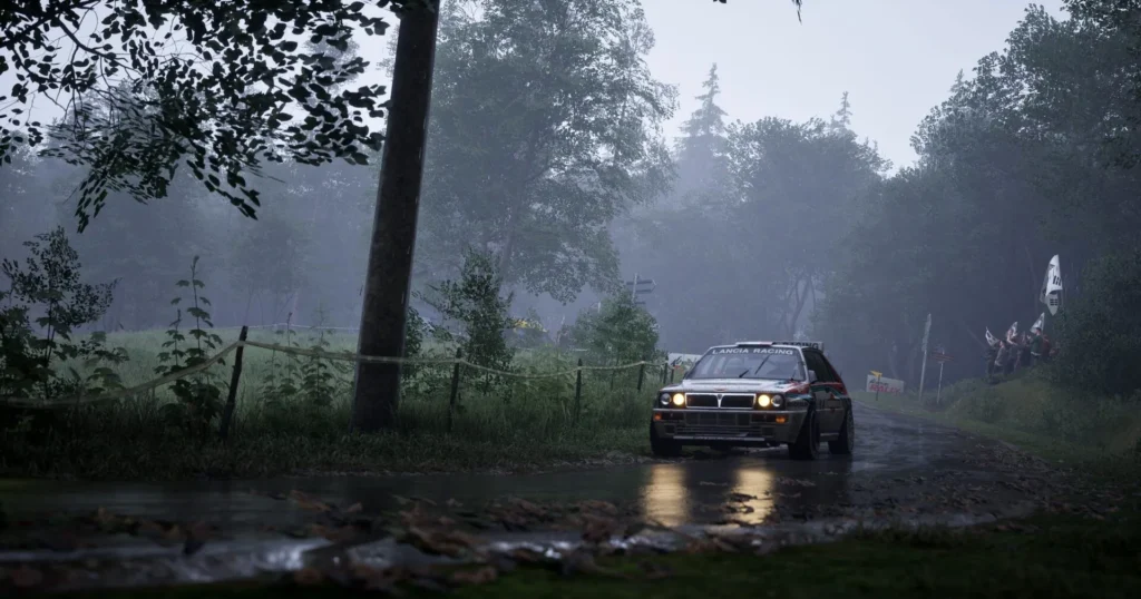 Lancia rally car on a wet forest stage in Assetto Corsa Rally Early Access