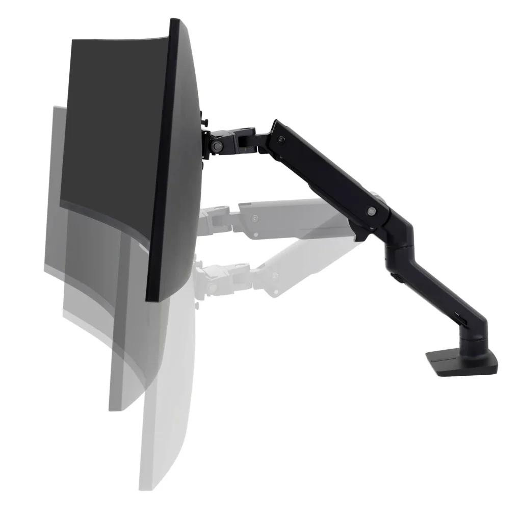 Annotated diagram showing ideal ergonomic monitor positioning with a monitor arm