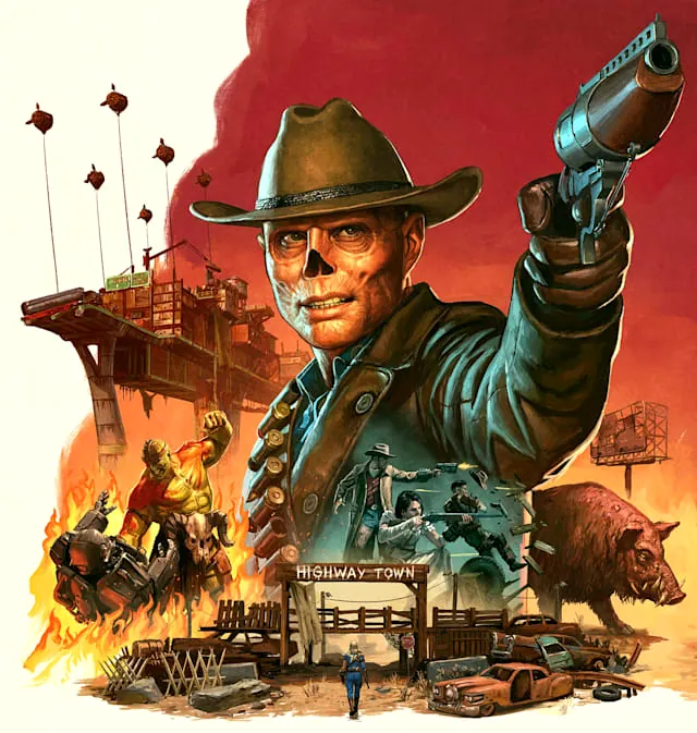 The Ghoul points his gun off-screen in this collage image for Fallout 76's Burning Springs update