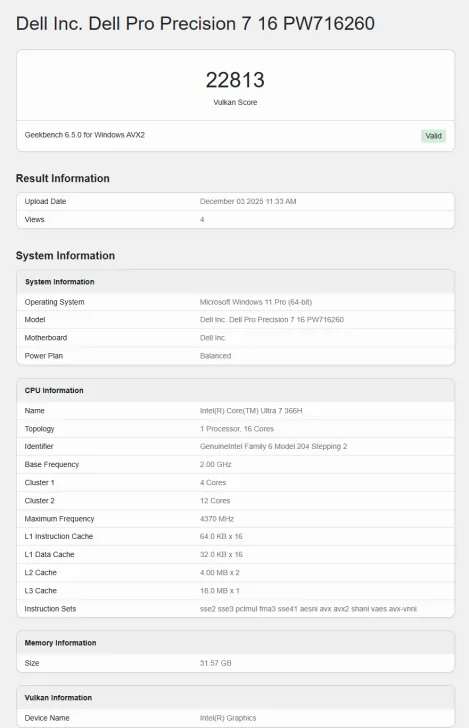 Geekbench Vulkan Score for Core Ultra 7 366H