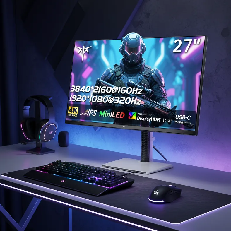 Gaming setup with monitor, keyboard, and mouse on a desk