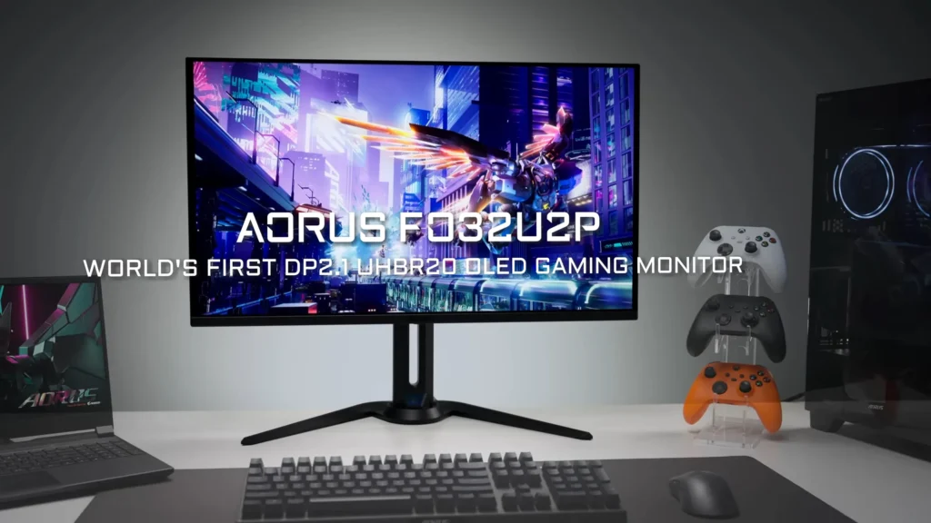 Aorus F032U2P Monitor with DisplayPort 2.1 and UHBR20 Support and dual-resolution toggle