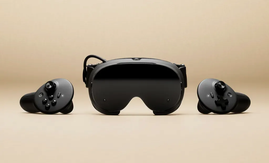 Valve Steam Frame Headset and Controllers, showing the lightweight design and ringless controllers.