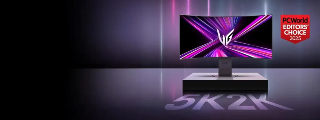 An UltraGear GX9 OLED Monitor on a chrome background. Text reading 5K2K appears below the display.