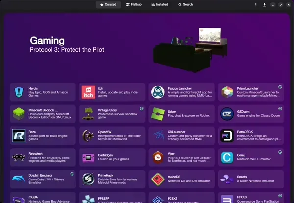 Bazaar, Bazzite's Flatpak app store, offers a curated selection of officially verified applications with sandboxing for enhanced security.