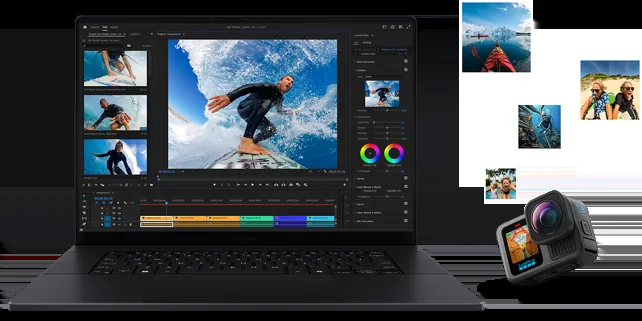 A laptop with video editing software open, displaying action footage of a surfer. A GoPro camera and floating photo thumbnails are shown.