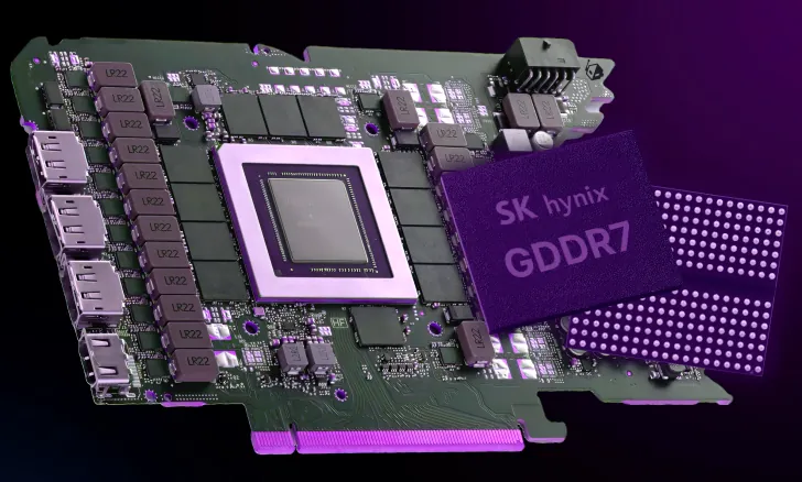 A graphics card with visible circuitry and capacitors is paired with an SK hynix GDDR7 memory chip in the foreground.