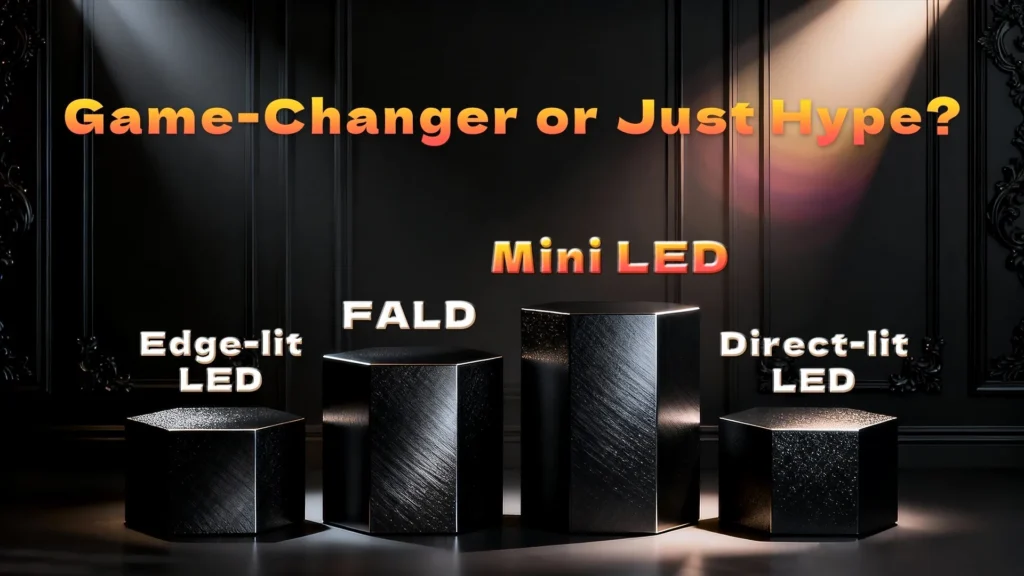 KTC comparison of Mini LED, FALD, Edge-lit, and Direct-lit LED technologies under dramatic lighting.