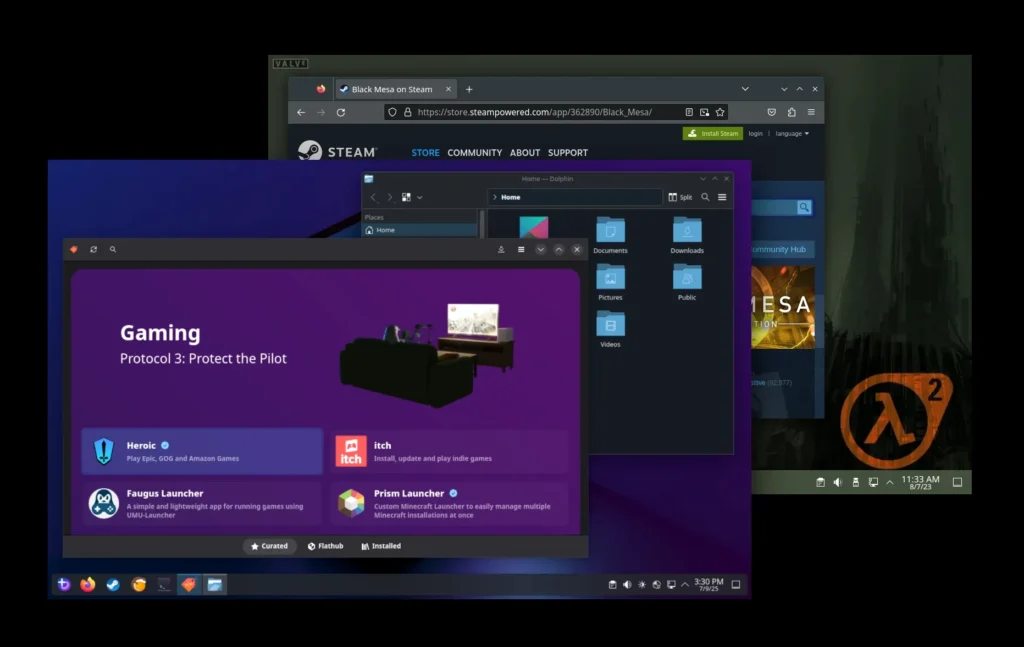 Bazzite offers the highly customizable KDE desktop environment, reminiscent of Windows with SteamOS themes.