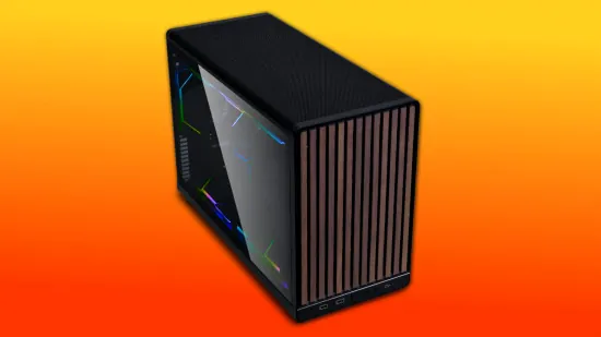 The Lian Li wooden Dan Case A3 on a side profile with RGB lighting