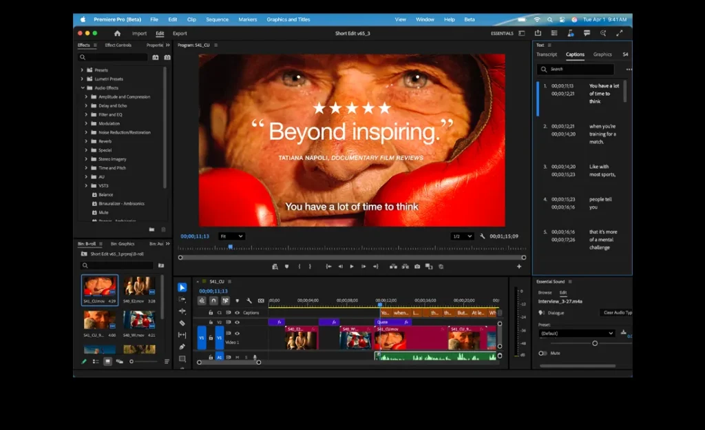 MacBook Pro screen showing the editing of a film titled Eternal Play in Adobe Premiere Pro