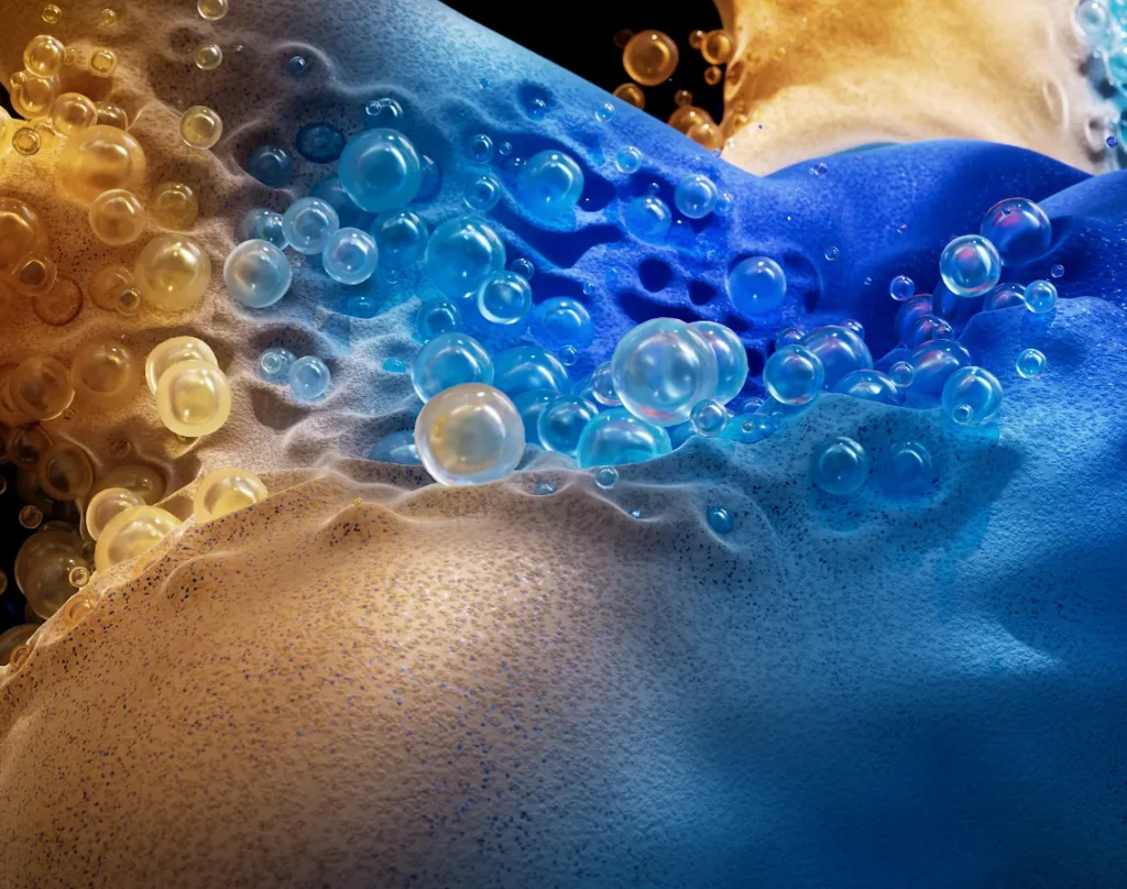 3D animation of blue textured shapes moving around, demonstrating graphics-intensive performance of MacBook Pro