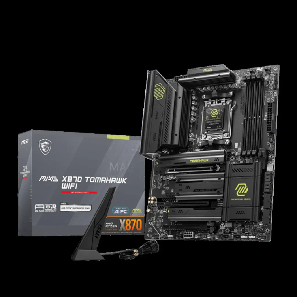 The MSI MAG X870 Tomahawk motherboard showing key components and M.2 slots.