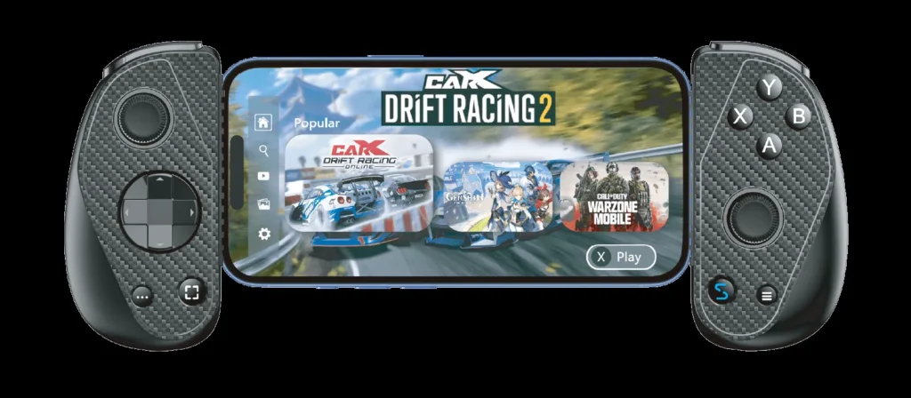 Annotated image of the Serafim S3 controller highlighting Hall-Effect sensors and interchangeable grips.