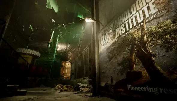 SLEEP AWAKE game image: a dark, gritty alleyway with a sign for the 'Somnologic Institute'. Overgrown foliage, neon lights, and a sense of decay.