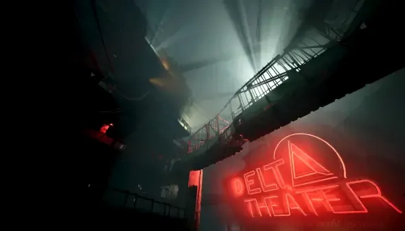 SLEEP AWAKE game image: Dark, industrial setting. Neon "DELTA THEATER" sign. Metal walkways, pipes, and beams. Dim, atmospheric lighting.