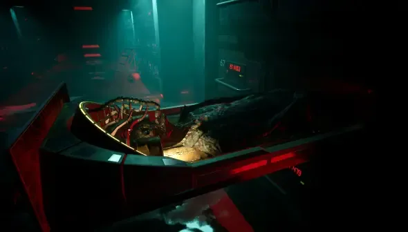 A dark, sci-fi scene from SLEEP AWAKE. A monstrous figure lies in a glowing cradle within a futuristic chamber, bathed in eerie green light.