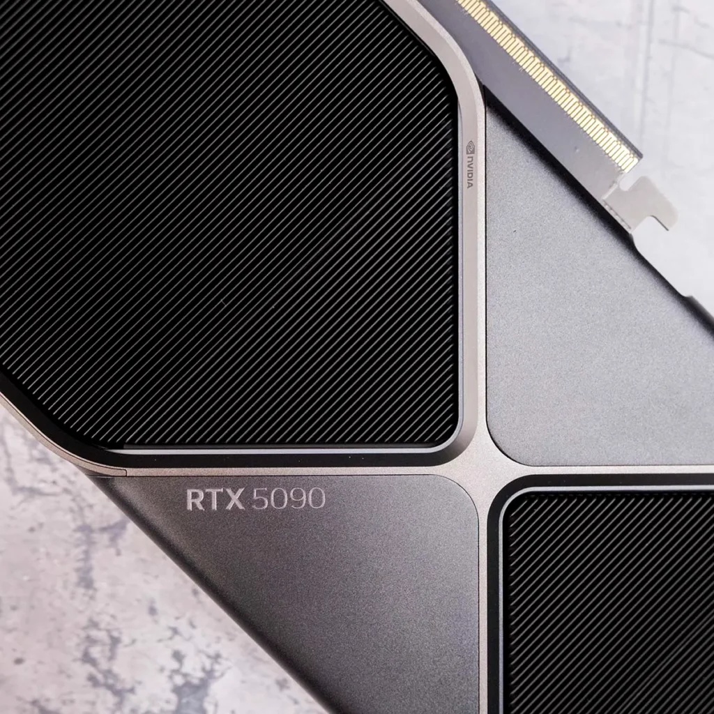 Close-up of a GeForce RTX 5090 Founders Edition PCB, highlighting dense component placement.