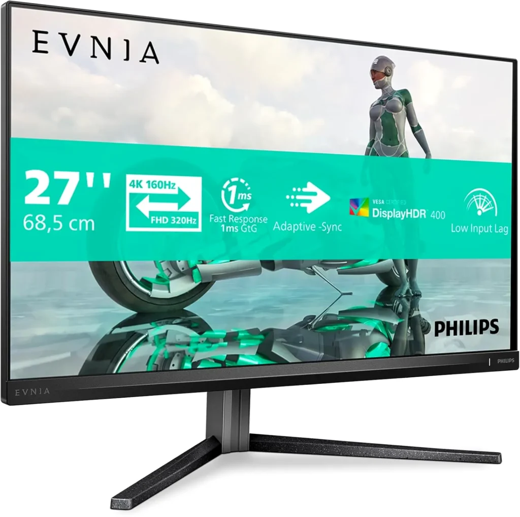 Philips Evnia 27M2N5901A 27-inch 4K 160Hz / FHD 320Hz Dual Mode Gaming Monitor showcasing its 'Dual Frame' capabilities and rear Ambiglow LEDs.