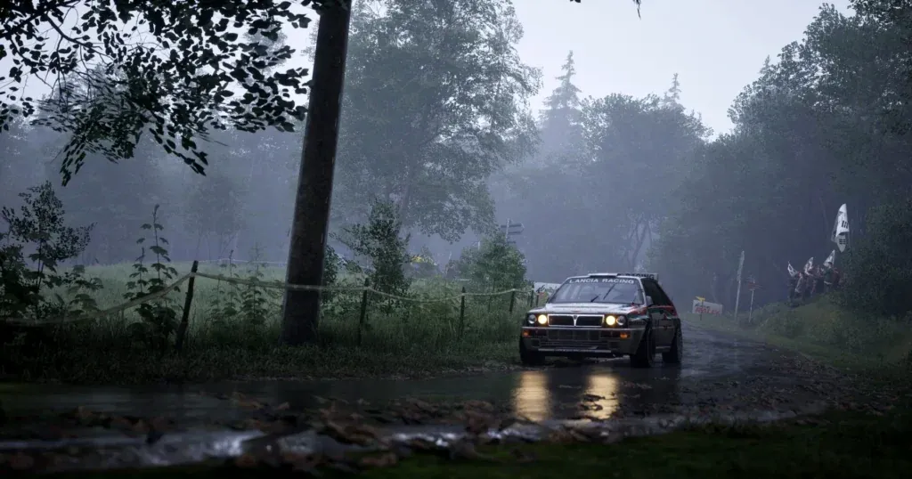 Lancia rally car on a wet forest stage in Assetto Corsa Rally Early Access