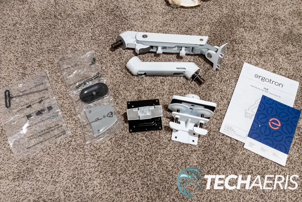 Components included with the Ergotron HX Desk Monitor Arm with HD Pivot