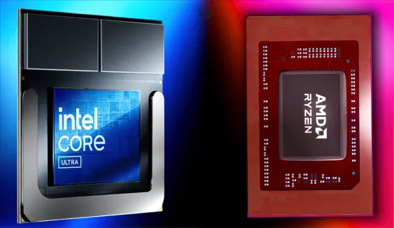 Intel Core vs AMD Ryzen processors side by side on a vibrant gradient background.