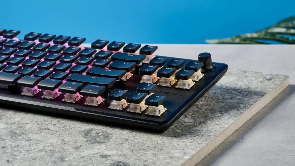 A black Turtle Beach Vulcan II TKL Pro wired gaming keyboard top view