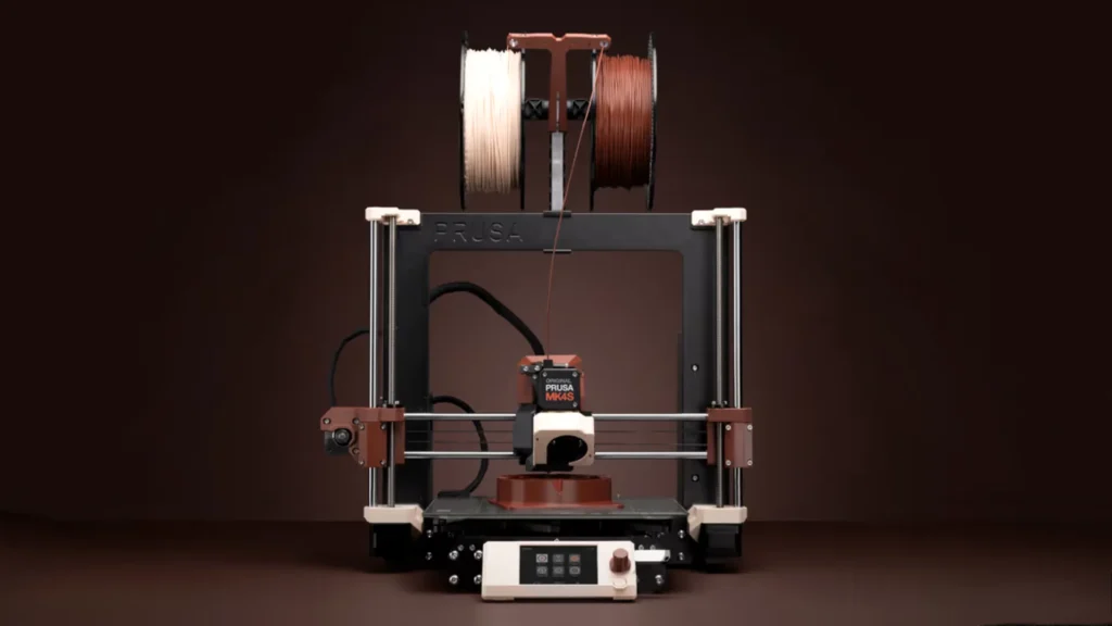 A 3D printer using the new beige and brown 3D printing filaments from Noctua and Prusa Research.