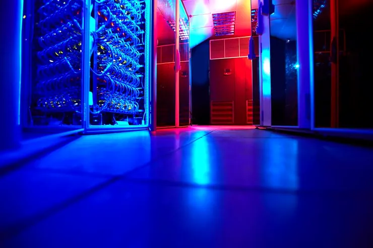 Interior view of a modern data center with server racks