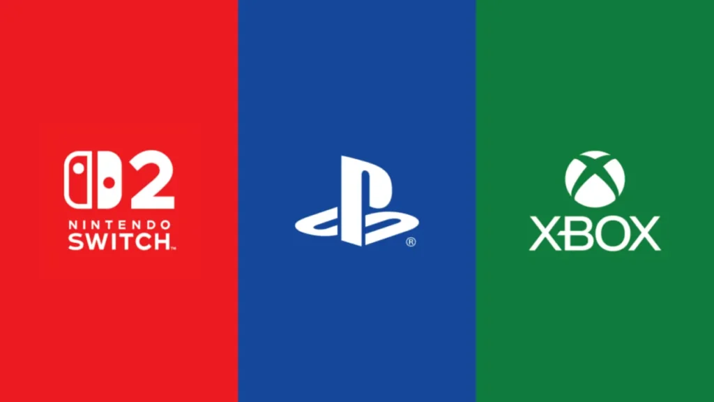 A collage with the Nintendo Switch 2, PlayStation, and Xbox logos