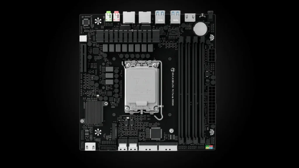 Maxsun MS-PC Farm B860I mini-ITX motherboard with annotations highlighting key features like the four DDR5 slots and rotated CPU socket.