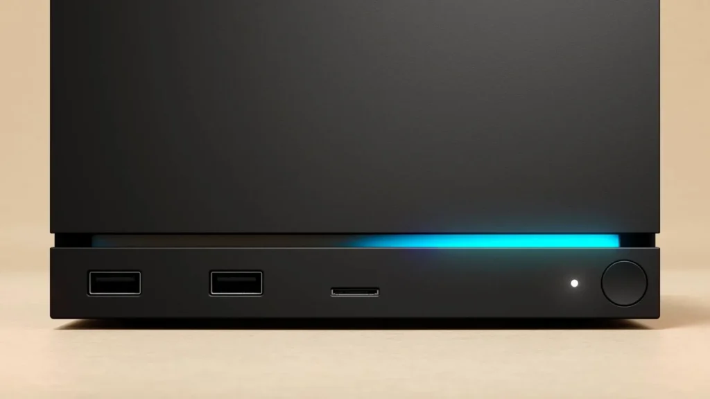 A close up of the front of Steam Machine, showing its LED strip, power button and ports