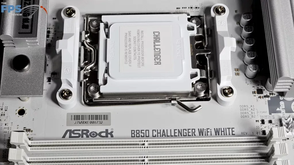 ASRock B850 CHALLENGER WiFi WHITE: CPU socket and VRM area showing the 12+2+1 phase design
