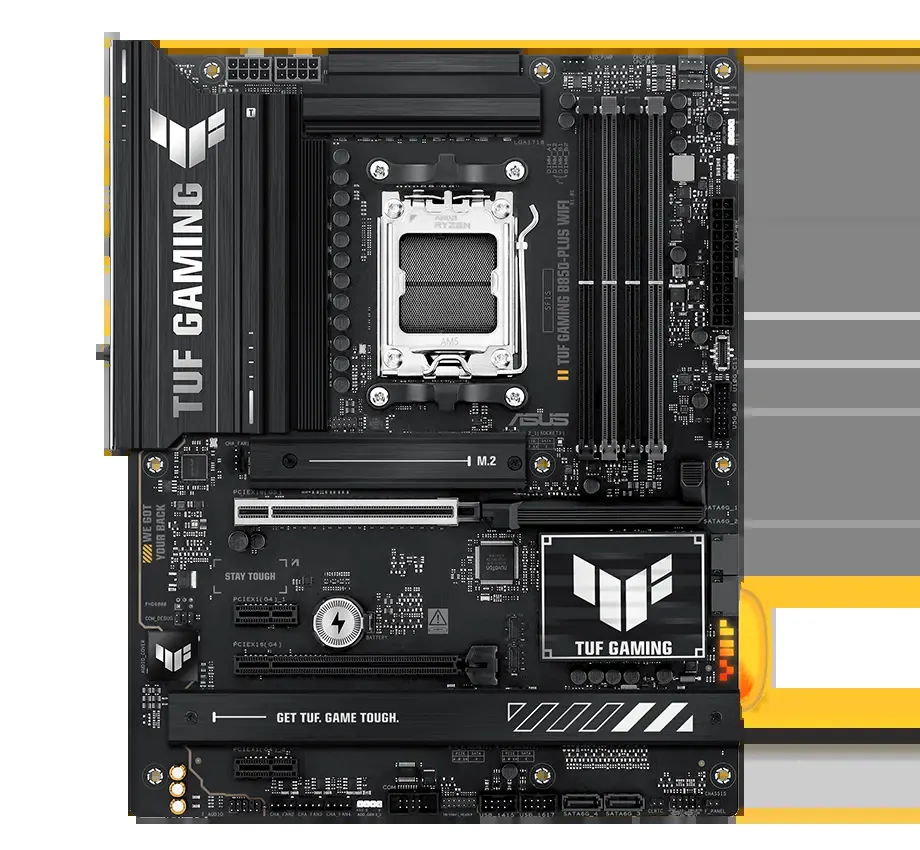 TUF Gaming motherboard front view, with Aura lighting