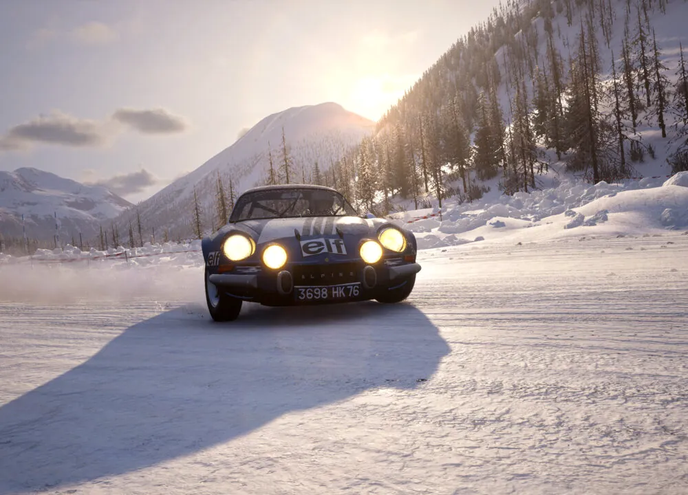 Assetto Corsa Rally’s V0.2 Snow Update showcasing Alpine A110 on Livigno Ice Circuit