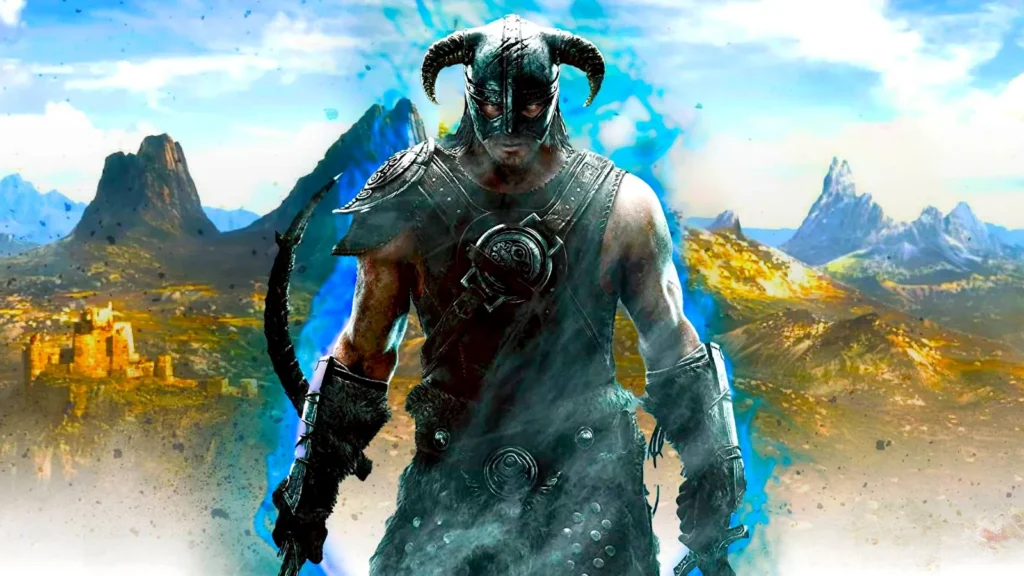 The Dragonborn From Skyrim in front of a still from the Elder Scrolls 6 Announcement Trailer.