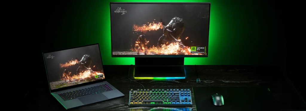 NVIDIA GeForce RTX 50 Series Laptops banner showcasing various gaming laptops with the new GPUs