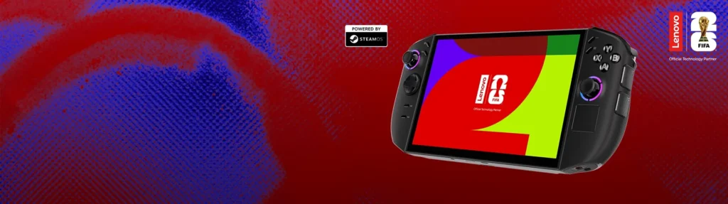Handheld gaming device with 'Powered by SteamOS'; screen shows Lenovo FIFA logo, Lenovo Legion handheld.