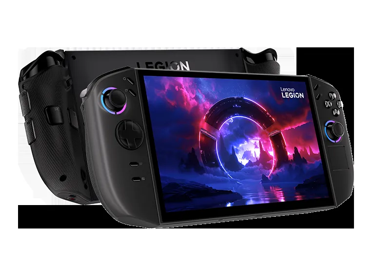 Front and back views of a handheld gaming device; screen shows neon ring art, Lenovo Legion handheld.