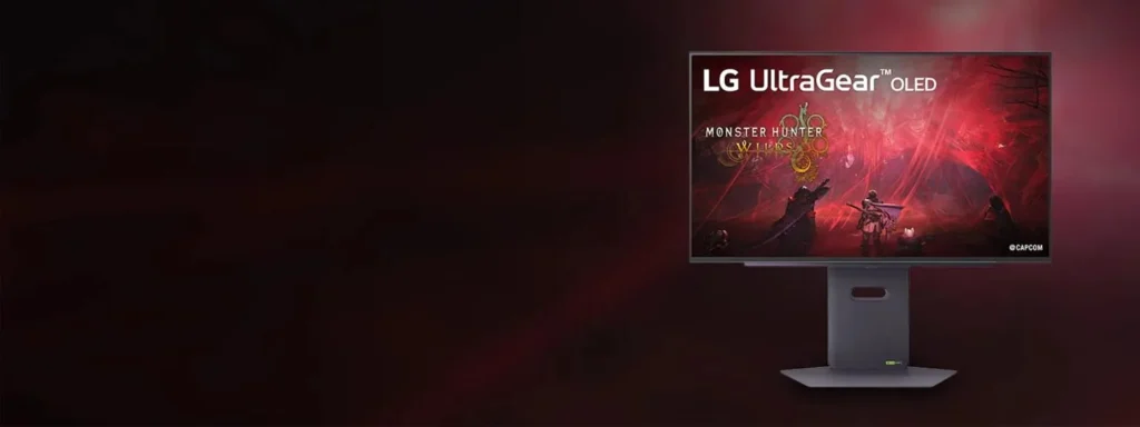 An LG UltraGear Monitor appears on a black and red background. The monitor infill displays a scene from the game Monster Hunter Wilds, copyright Capcom.