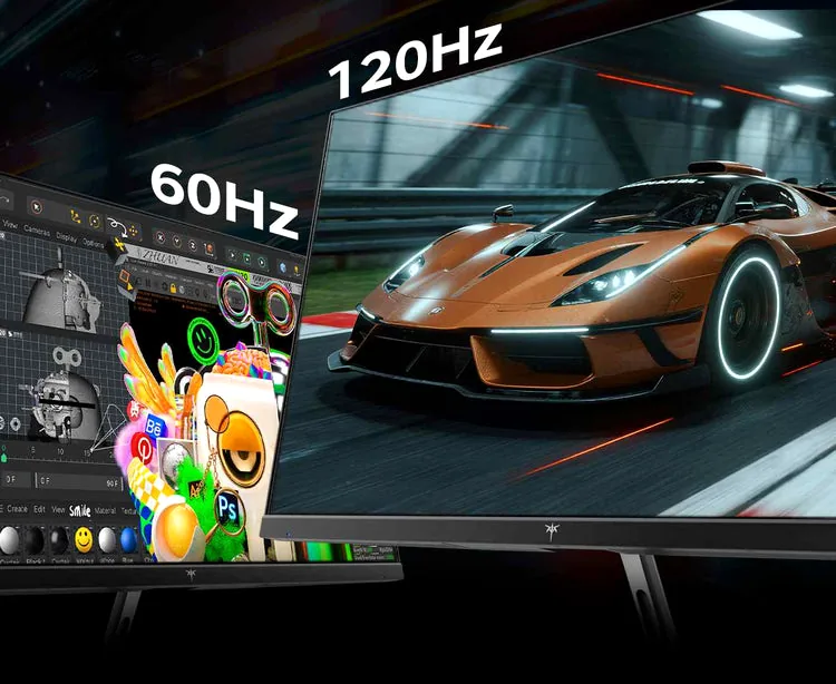 Dual-mode display switching between 60Hz office work and 120Hz gaming, showing productivity and gaming scenes side by side