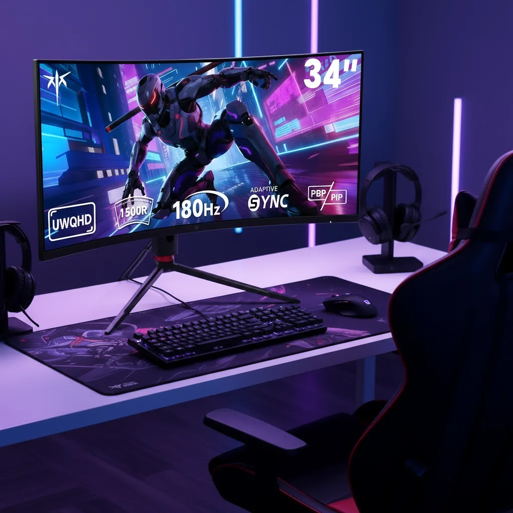 Gaming setup with a monitor displaying a superhero graphic