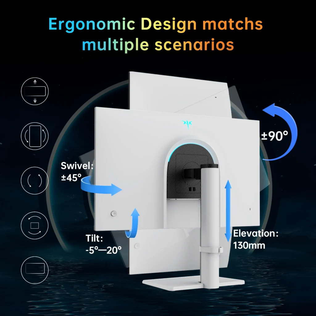 KTC gaming monitor ergonomic design, featuring adjustable swivel, tilt, and elevation