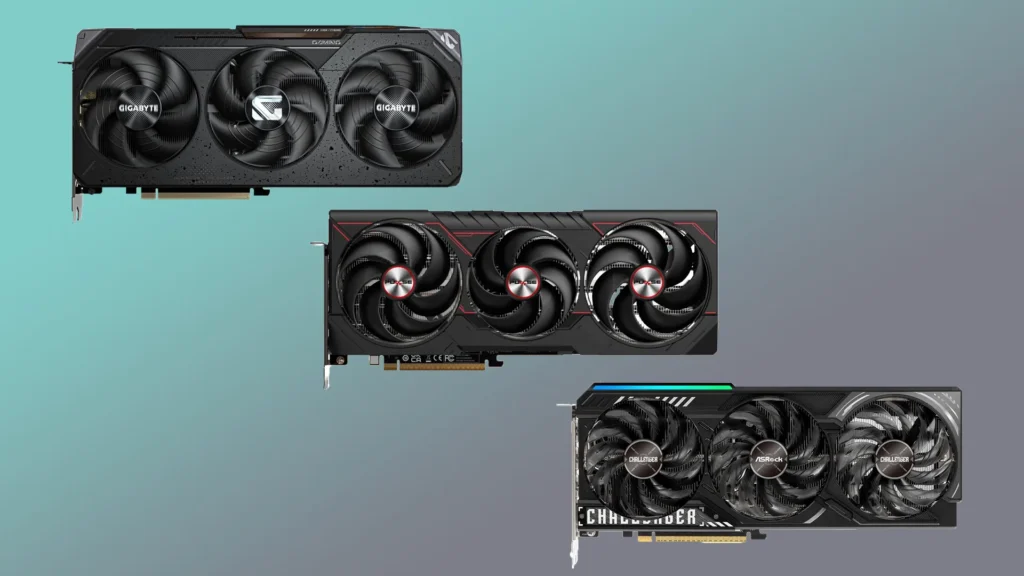 The Radeon RX 9070 XT graphics card models from Gigabyte, Sapphire, and ASRock